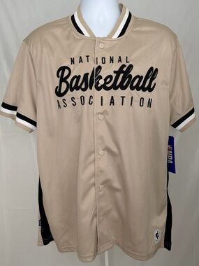 NBA Men’s Mesh Snap Button Jersey Large Tan Black Baseball Style Shirt
